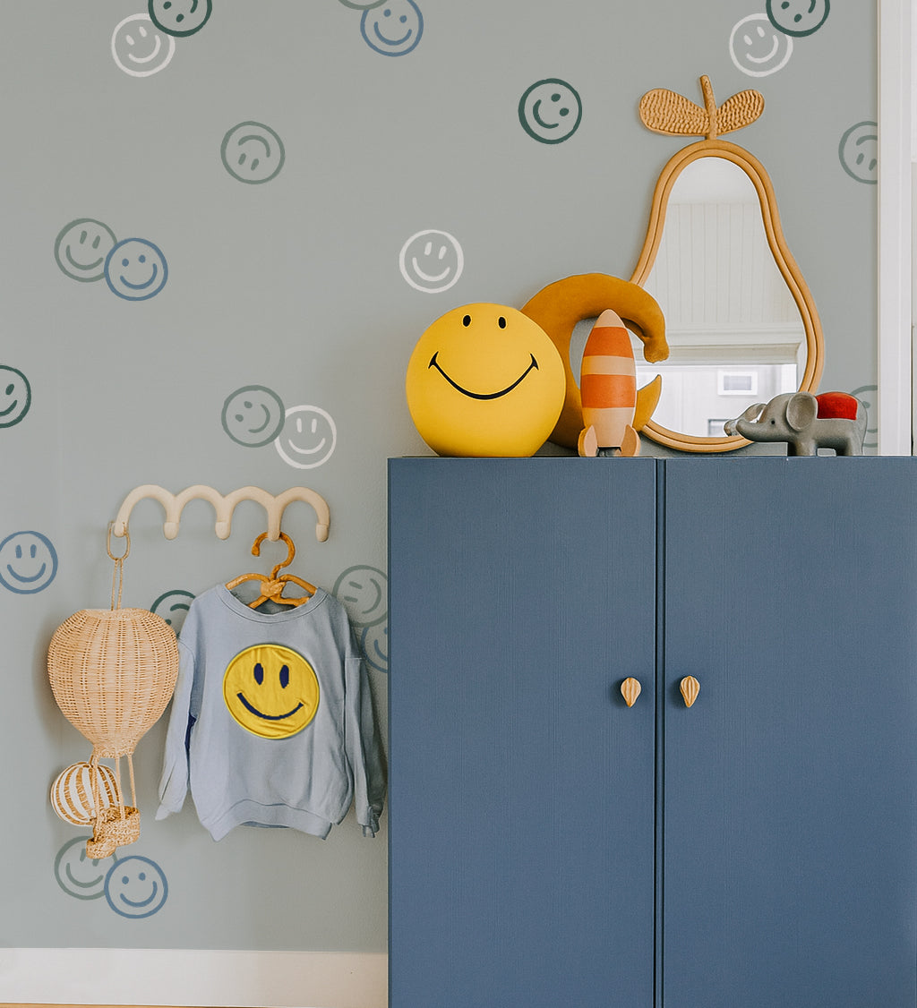 Smiley behang smiley confetti volpracht jongenskamer blauw