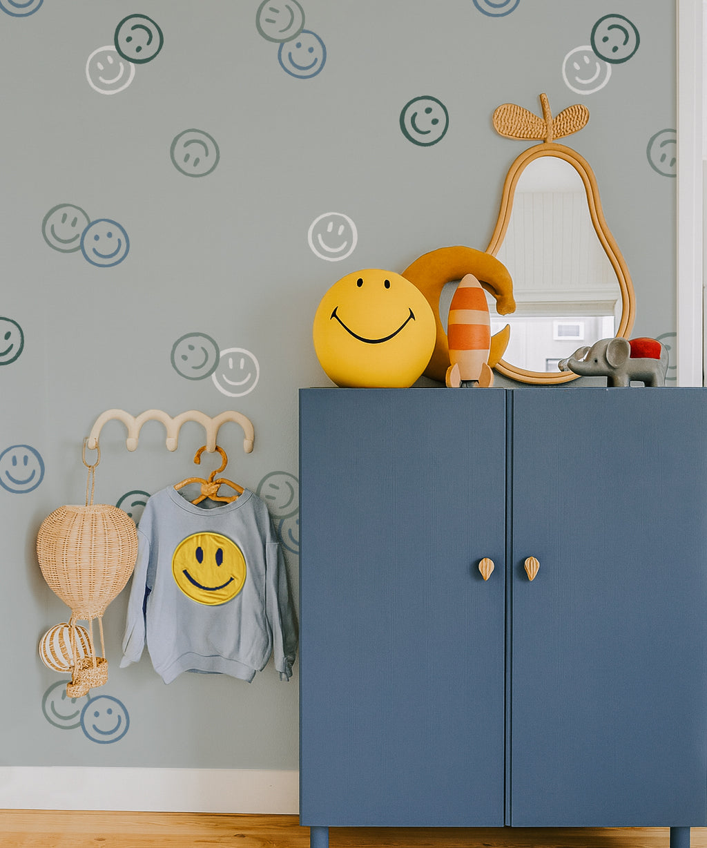 Smiley behang smiley confetti volpracht jongenskamer blauw