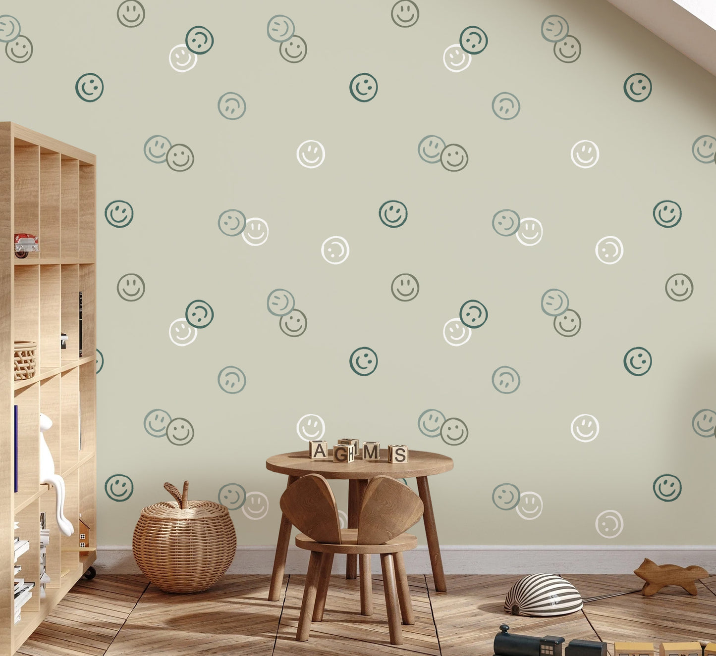Smiley behang smiley confetti volpracht jongenskamer meisjeskamer neutrale kinderkamer groen