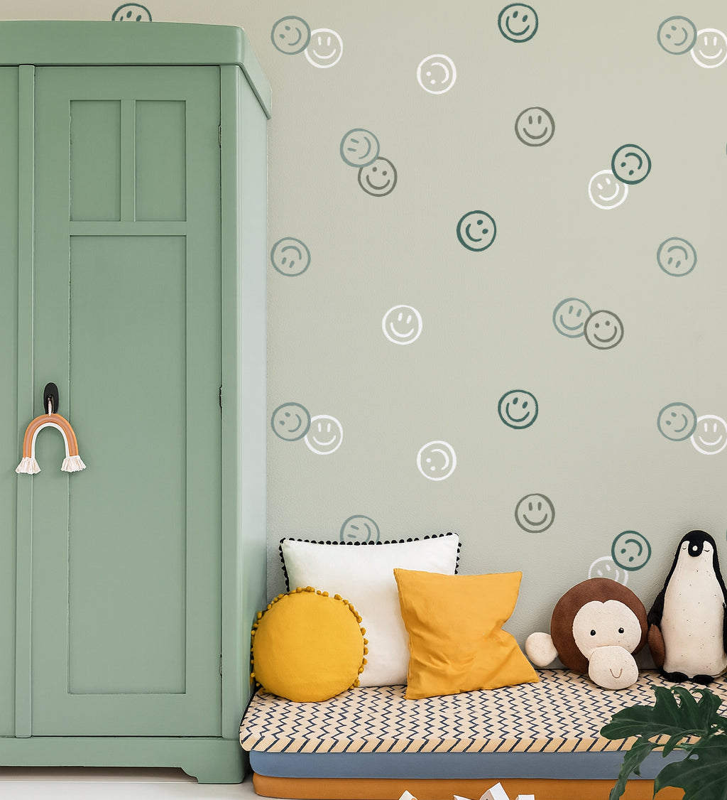 Smiley behang smiley confetti volpracht jongenskamer meisjeskamer neutrale kinderkamer groen