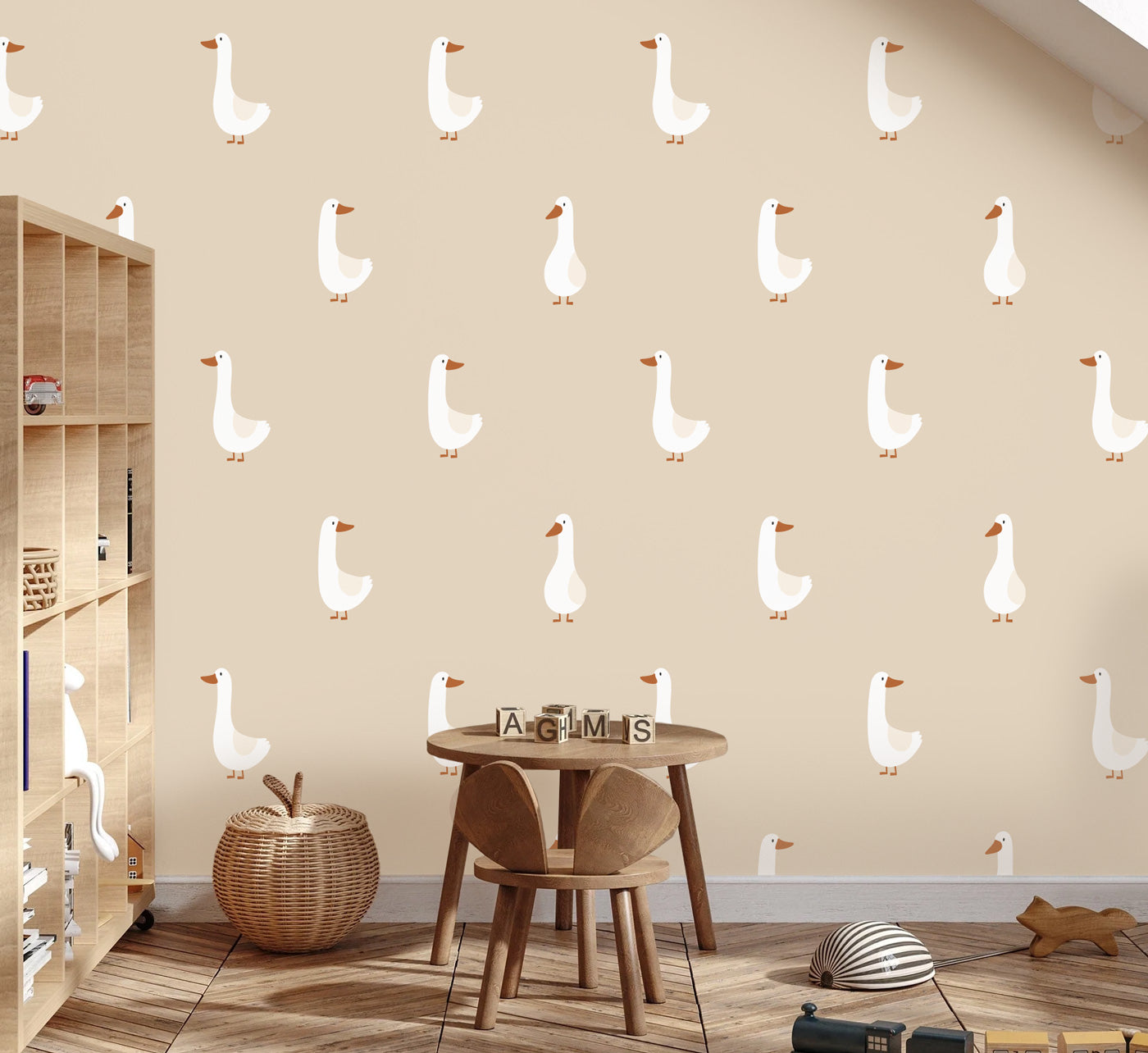 Volpracht Goose behang voor de neutrale kinderkamer en babykamer ganzen beige