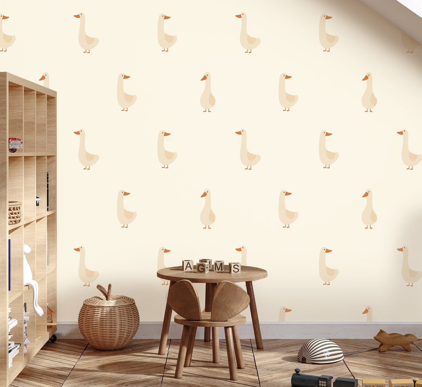Volpracht Goose behang voor de neutrale kinderkamer en babykamer ganzen creme