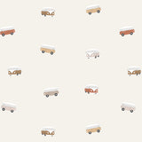 Volpracht Retro Busjes behang voor jongenskamer en babykamer beige neutrale kleuren