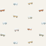 Volpracht Retro Busjes autobehang volkswagen busjes behang voor jongenskamer beige