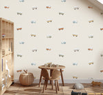 Volpracht Retro Busjes autobehang volkswagen busjes behang voor jongenskamer beige