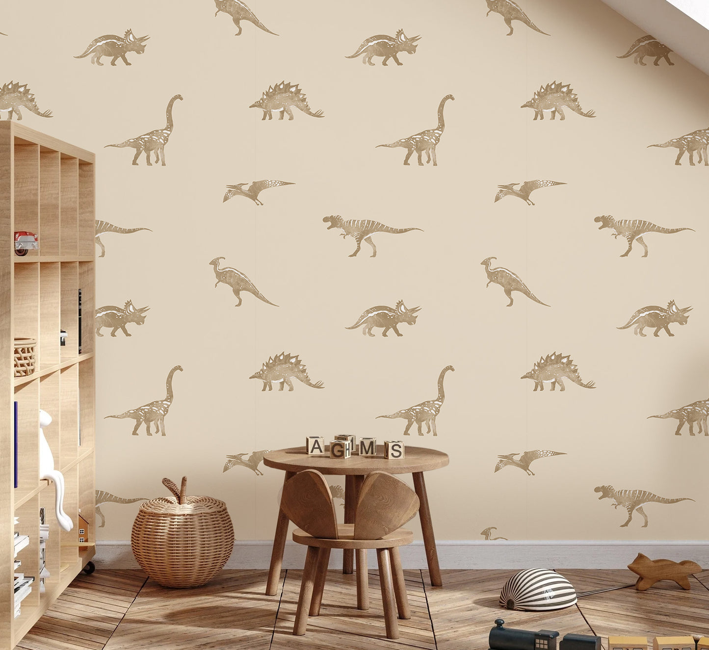 Dino behang beige jongenskamer en babykamer Volpracht