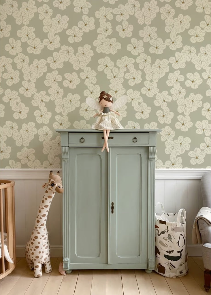 Floral bloemen behang voor de meisjeskamer lichtgroen volpracht