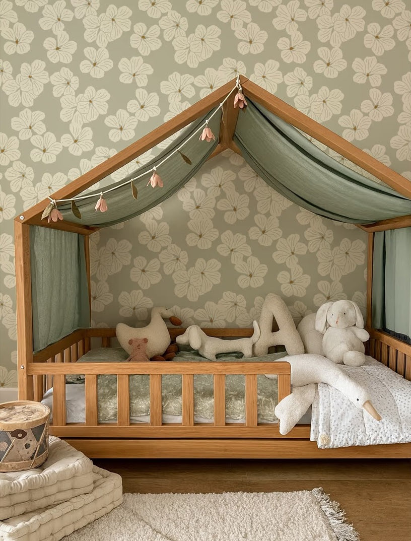 Floral bloemen behang voor de meisjeskamer lichtgroen volpracht