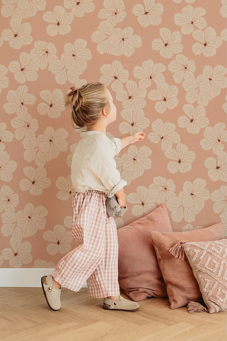 Floral bloemen behang voor de meisjeskamer oudroze roze volpracht