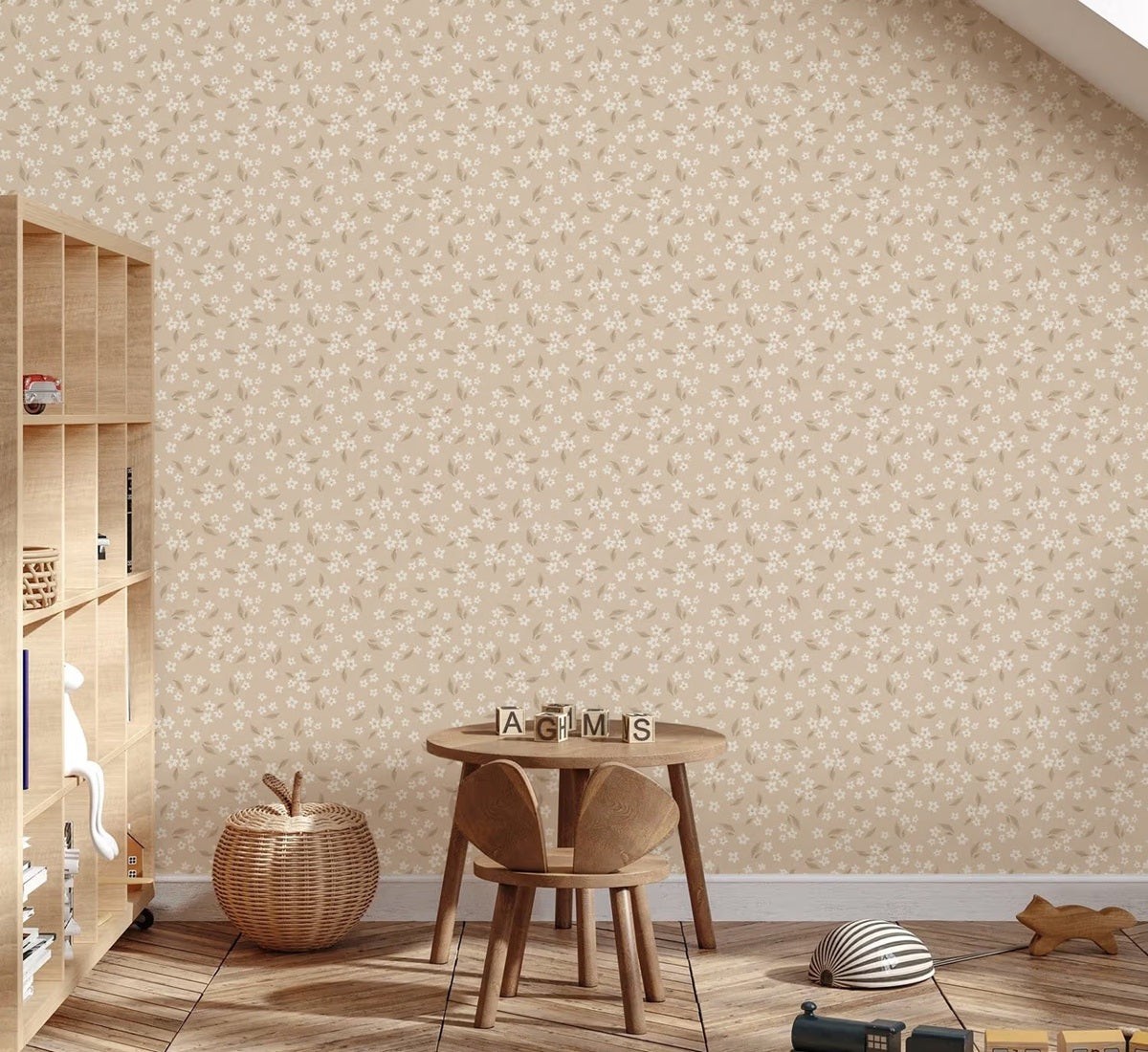 Volpracht bloemen behang voor meisjeskamer en babykamer bloesem beige