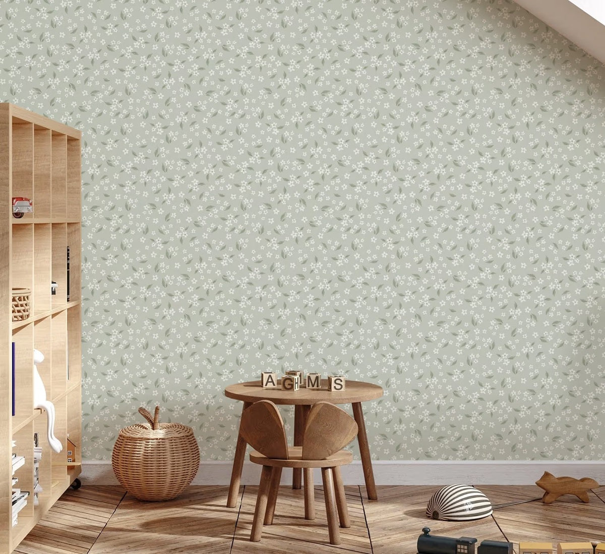 Volpracht bloemen behang voor meisjeskamer en babykamer bloesem groen