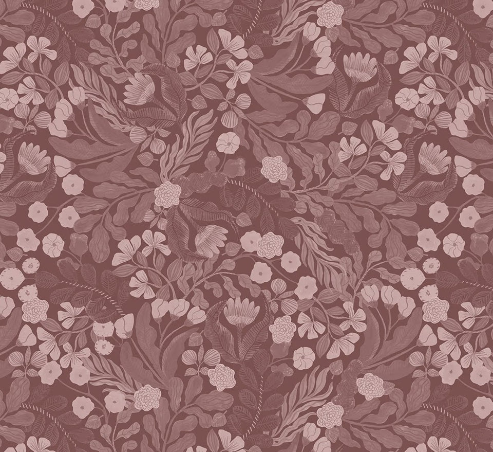 Volpracht vintage botanica mauve bladeren en bloemen behang voor meisjeskamer en babykamer