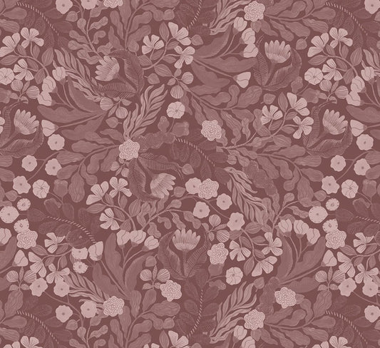 Volpracht vintage botanica mauve bladeren en bloemen behang voor meisjeskamer en babykamer