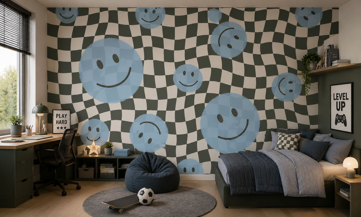 Smiley behang kinderkamer tienerkamer blauw Papr Walls Face the Wall geblokt