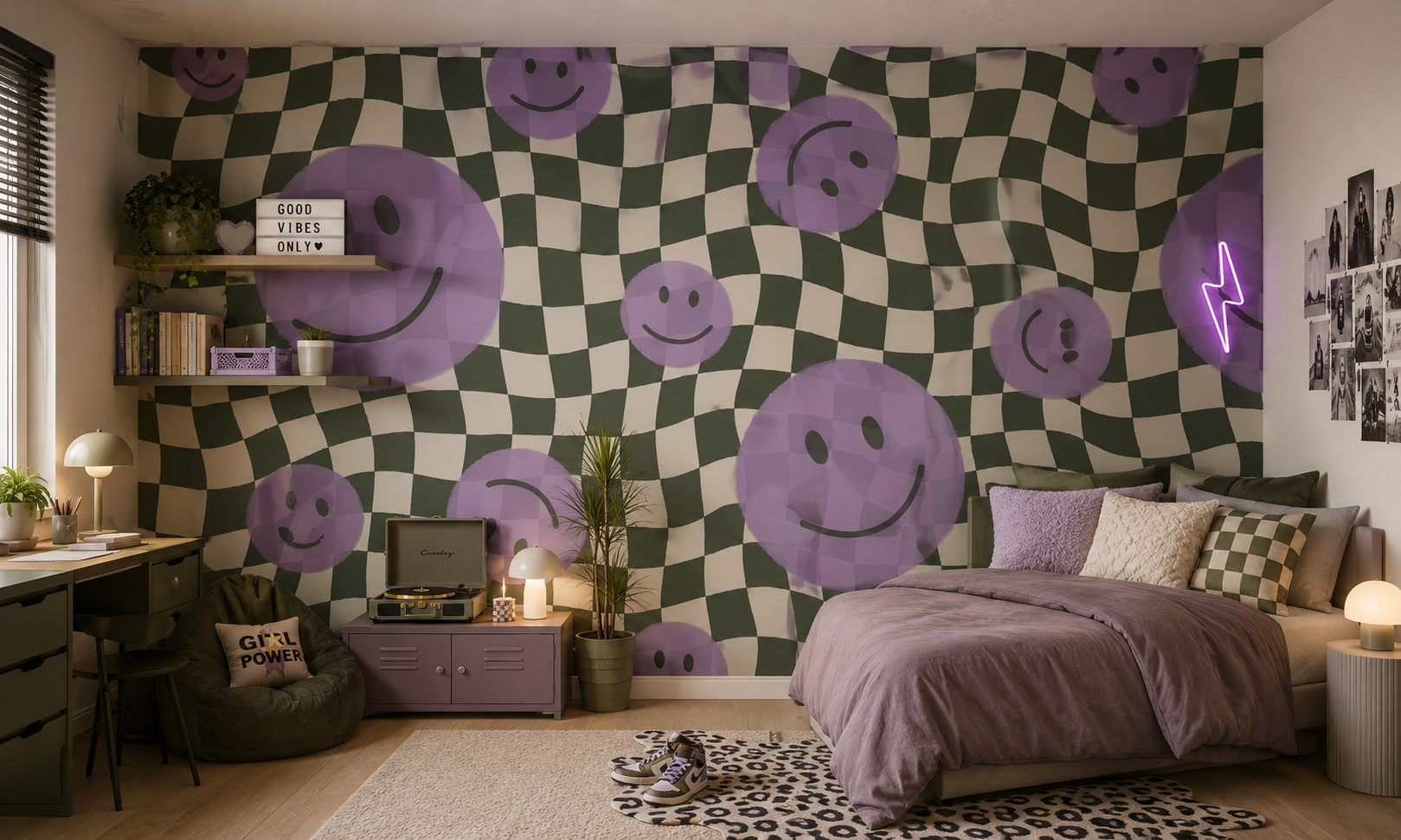 Smiley behang kinderkamer tienerkamer meidenkamer paars Papr Walls Face the Wall geblokt