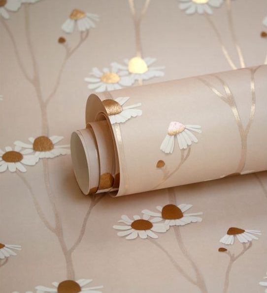 Studio Ditte behang kinderkamer bloemen behang kamille poederroze met goud