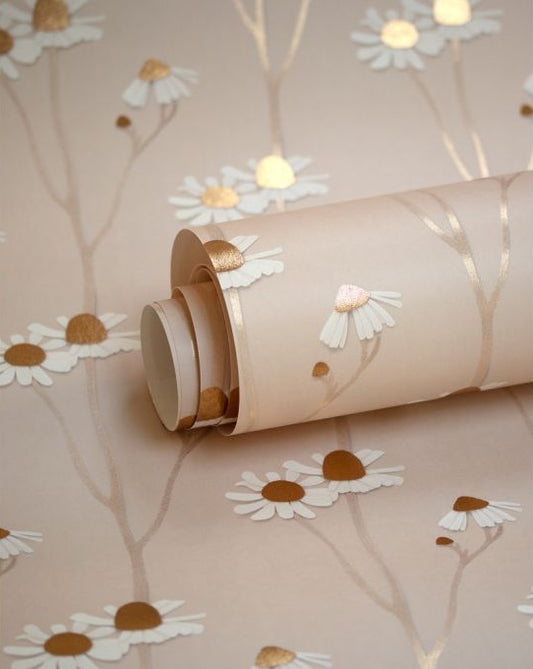 Studio Ditte behang kinderkamer bloemen behang kamille poederroze met goud