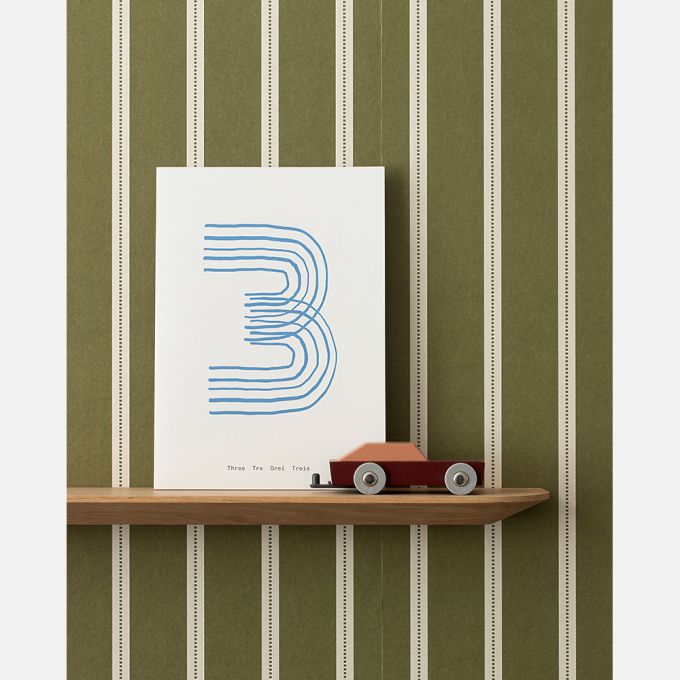 Strepen behang voor kinderkamer lintjes behang studio ditte meisjeskamer jongenskamer babykamer neutrale kinderkamer olijfgroen