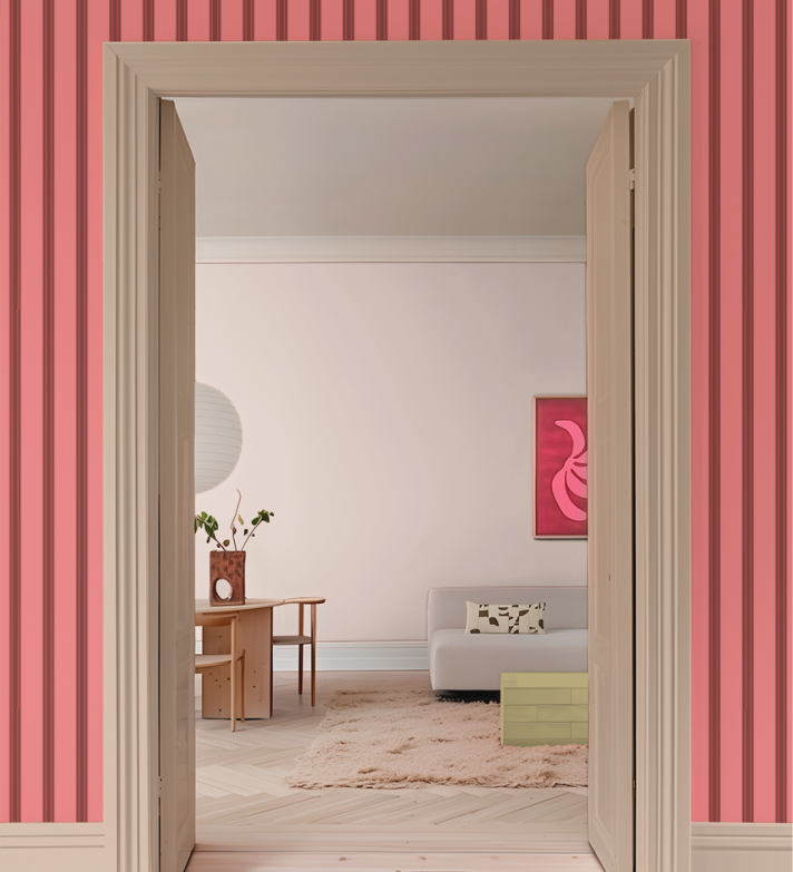 Gestreept behang voor de kinderkamer bibelotte juna kers roze bordeaux 