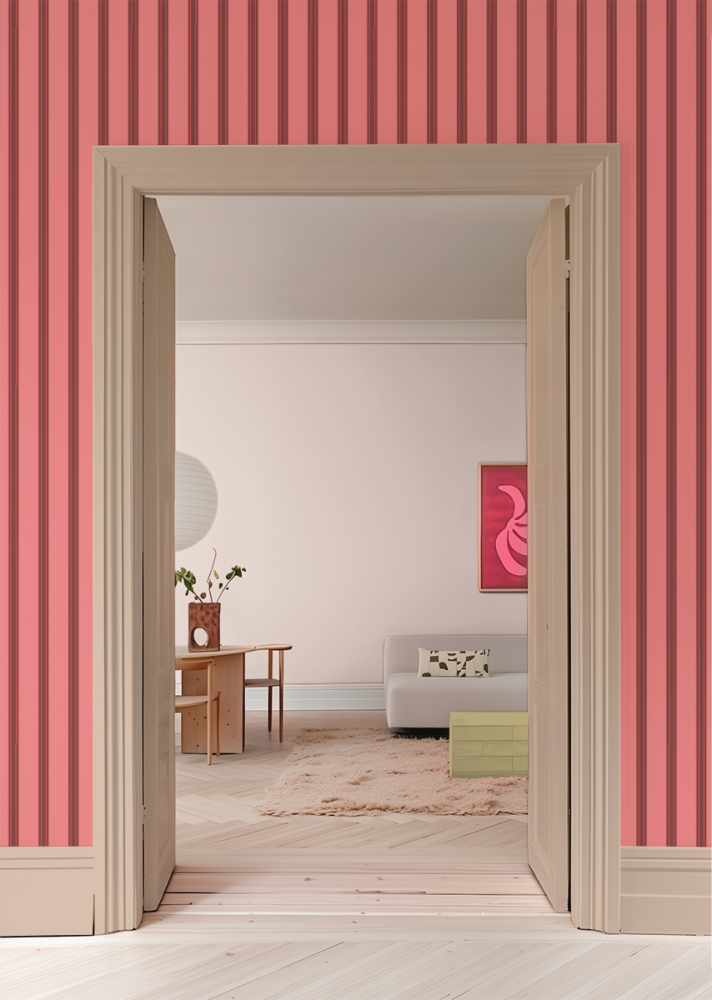 Gestreept behang voor de kinderkamer bibelotte juna kers roze bordeaux 