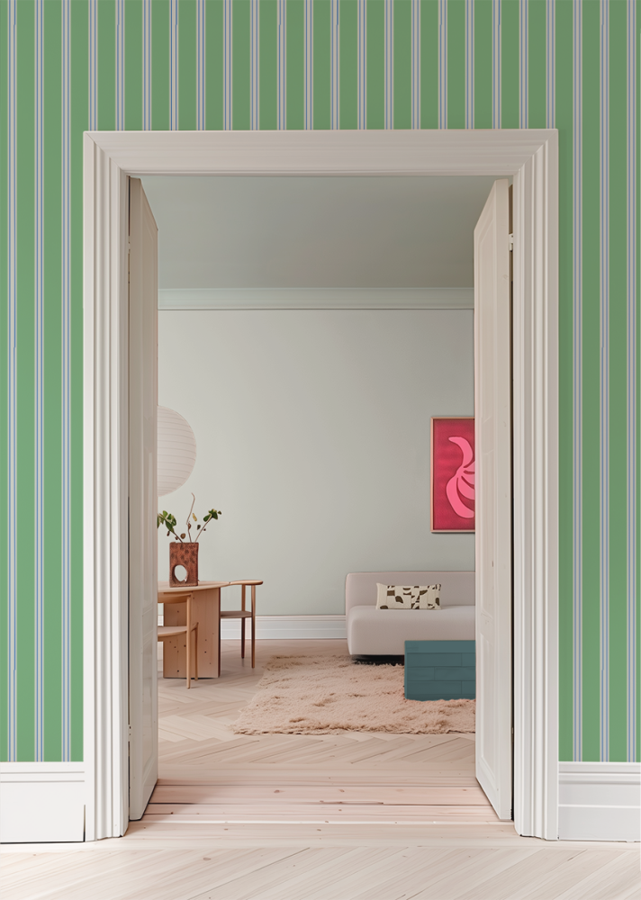 Gestreept behang voor de kinderkamer bibelotte juna twiggy groen en lichtblauw jongenskamer