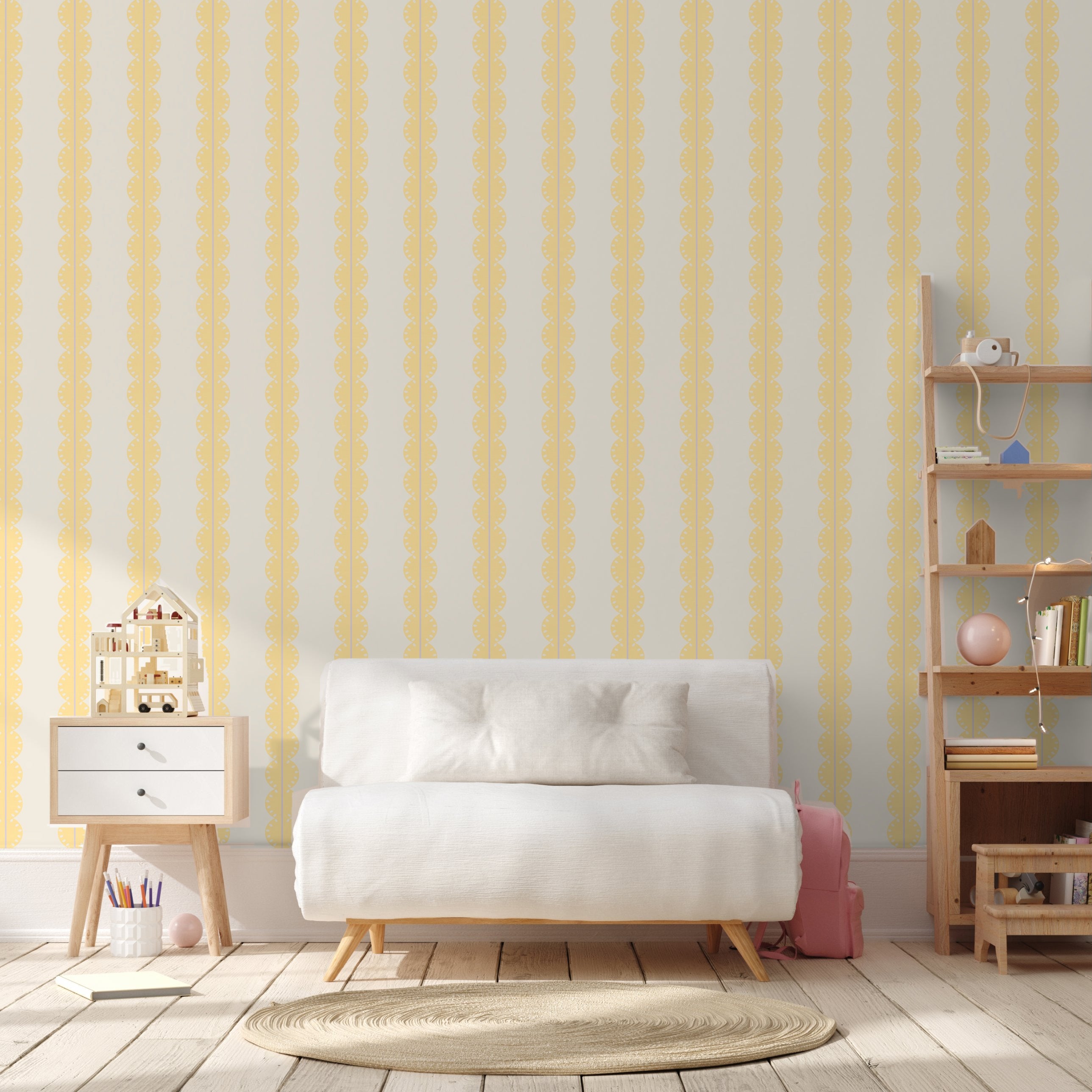 Papr Walls strepen behang meisjeskamer of babykamer met boogjes bubble dot Geel lila