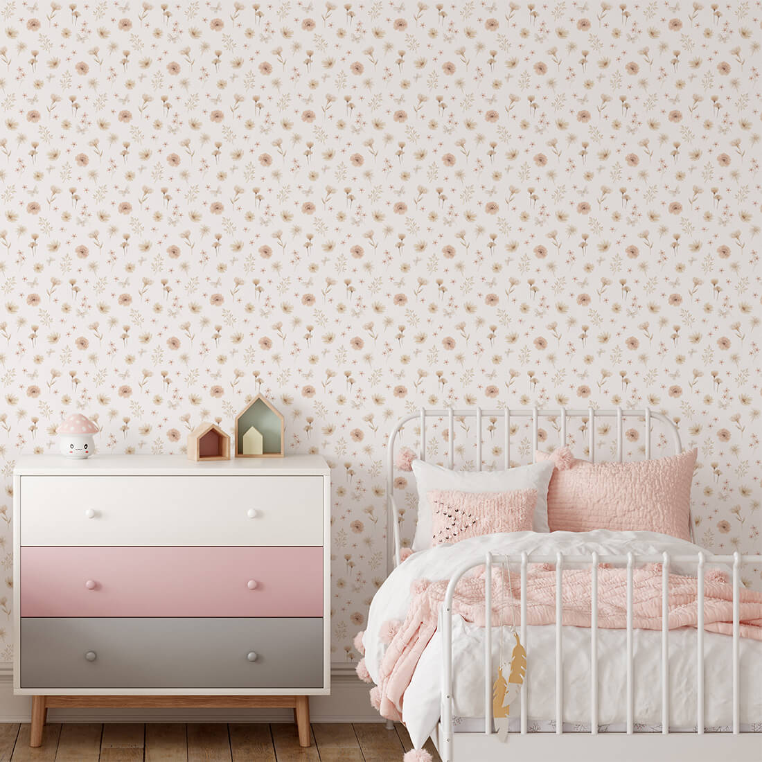 Pastelowe Love Flowers Meadow bloemenbehang voor meisjeskamer en babykamer wit roze groen 