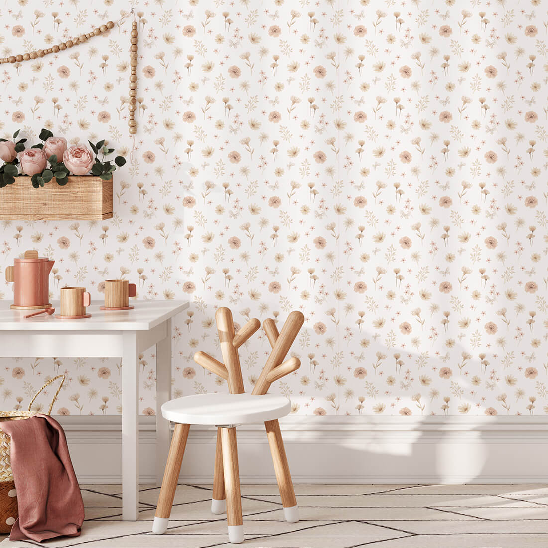 Pastelowe Love Flowers Meadow bloemenbehang voor meisjeskamer en babykamer wit roze groen 