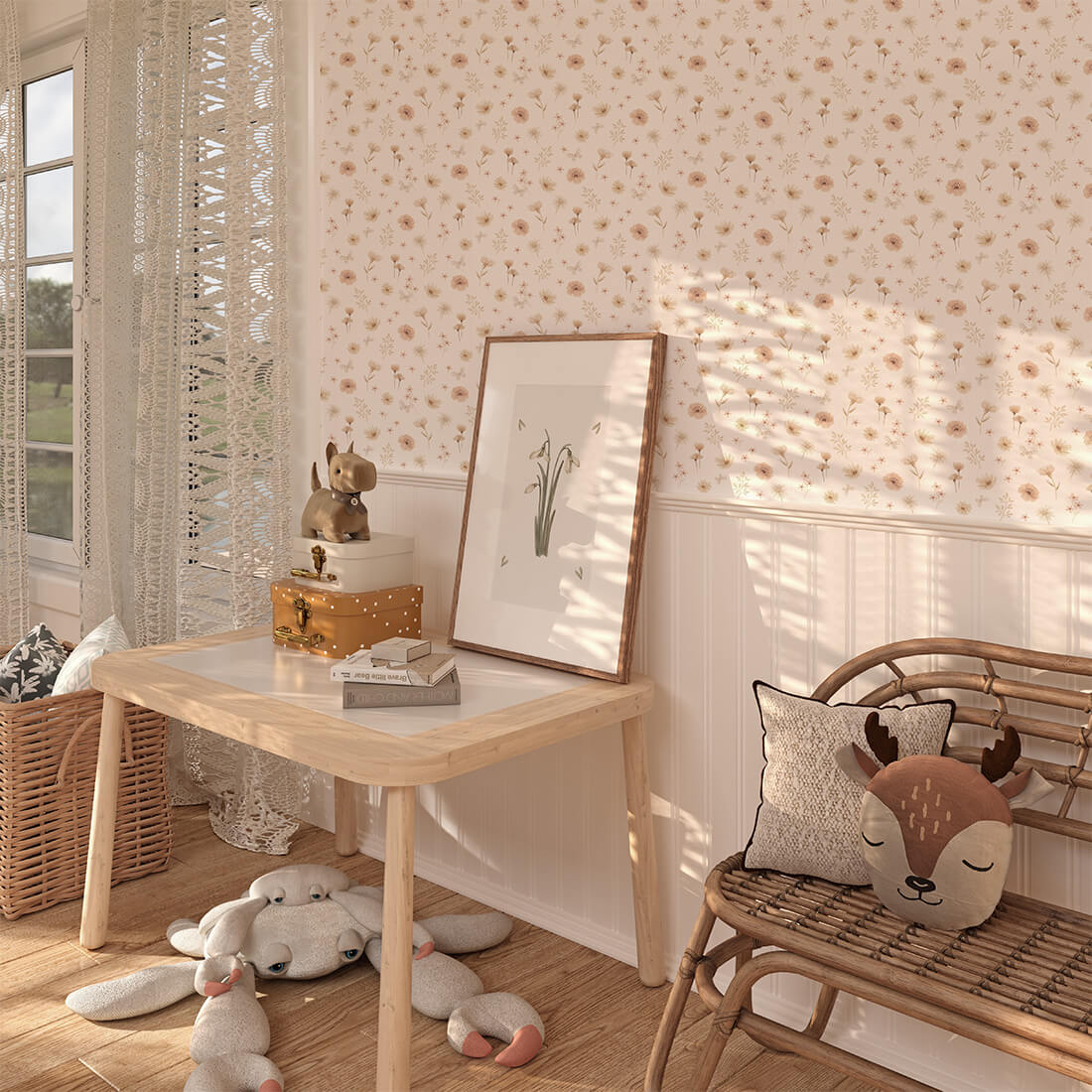 Pastelowe Love Flowers Meadow bloemenbehang voor meisjeskamer en babykamer wit roze groen 