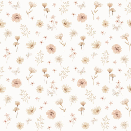 Pastelowe Love Flowers Meadow bloemenbehang voor meisjeskamer en babykamer wit roze groen 