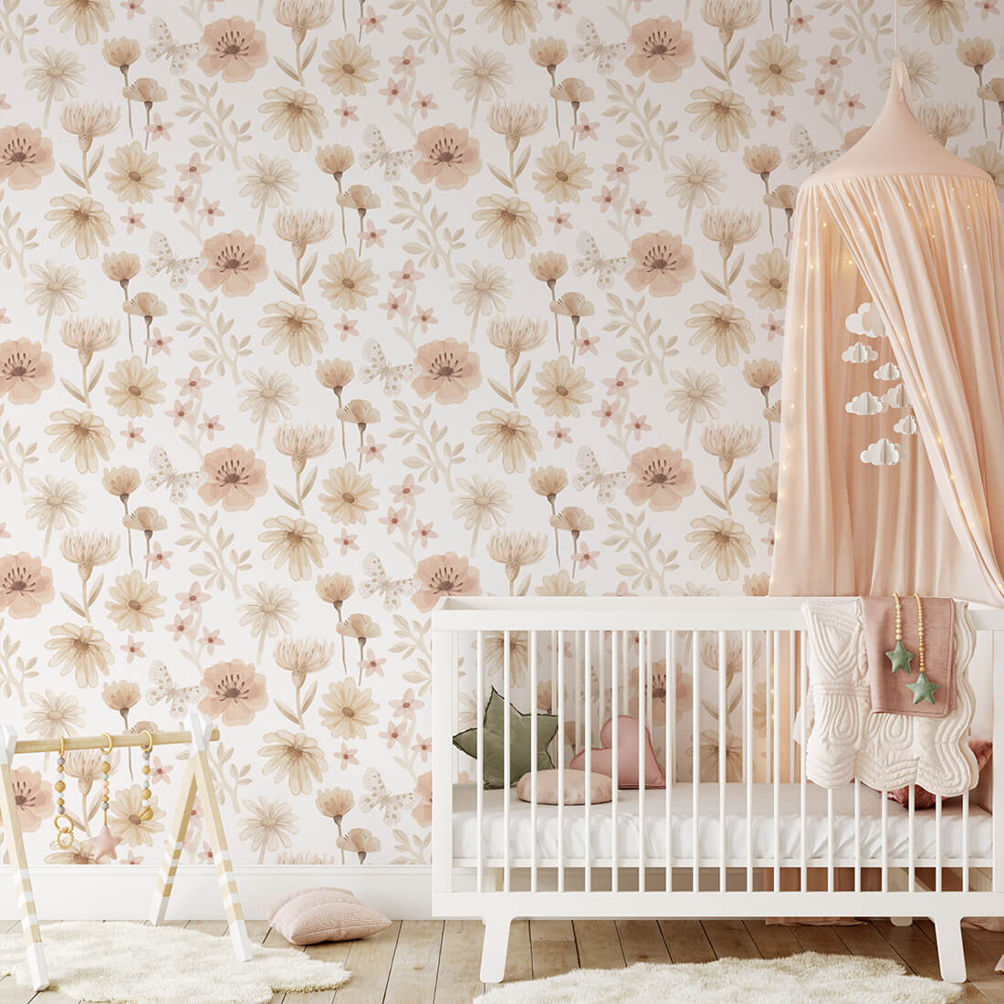 Pastelowe Love Flowers Meadow bloemenbehang voor meisjeskamer wit roze groen 