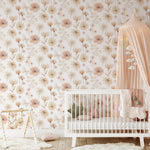 Pastelowe Love Flowers Meadow bloemenbehang voor meisjeskamer wit roze groen 