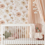 Pastelowe Love Flowers Meadow bloemenbehang voor meisjeskamer wit roze groen 