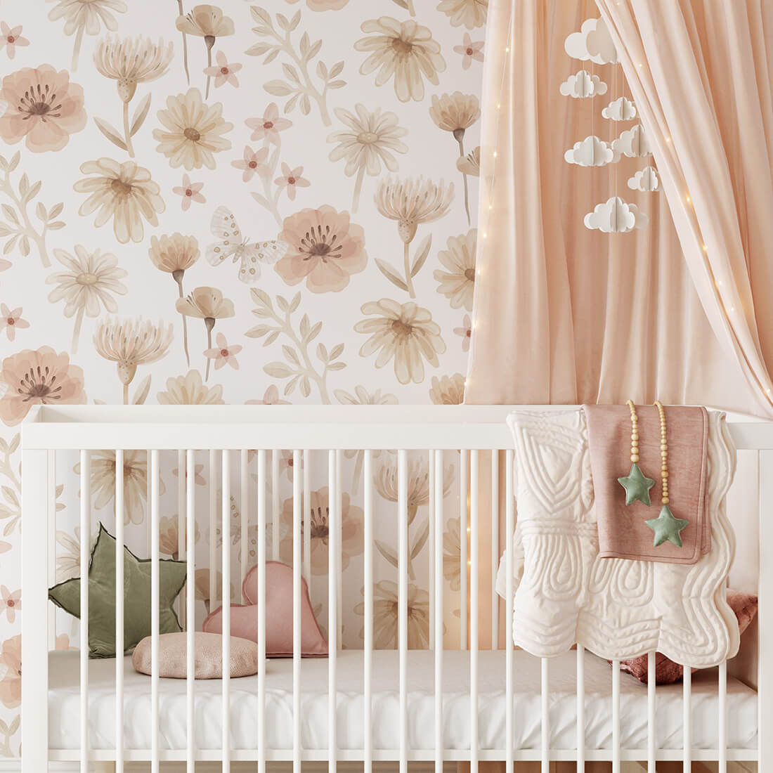 Pastelowe Love Flowers Meadow bloemenbehang voor meisjeskamer wit roze groen 