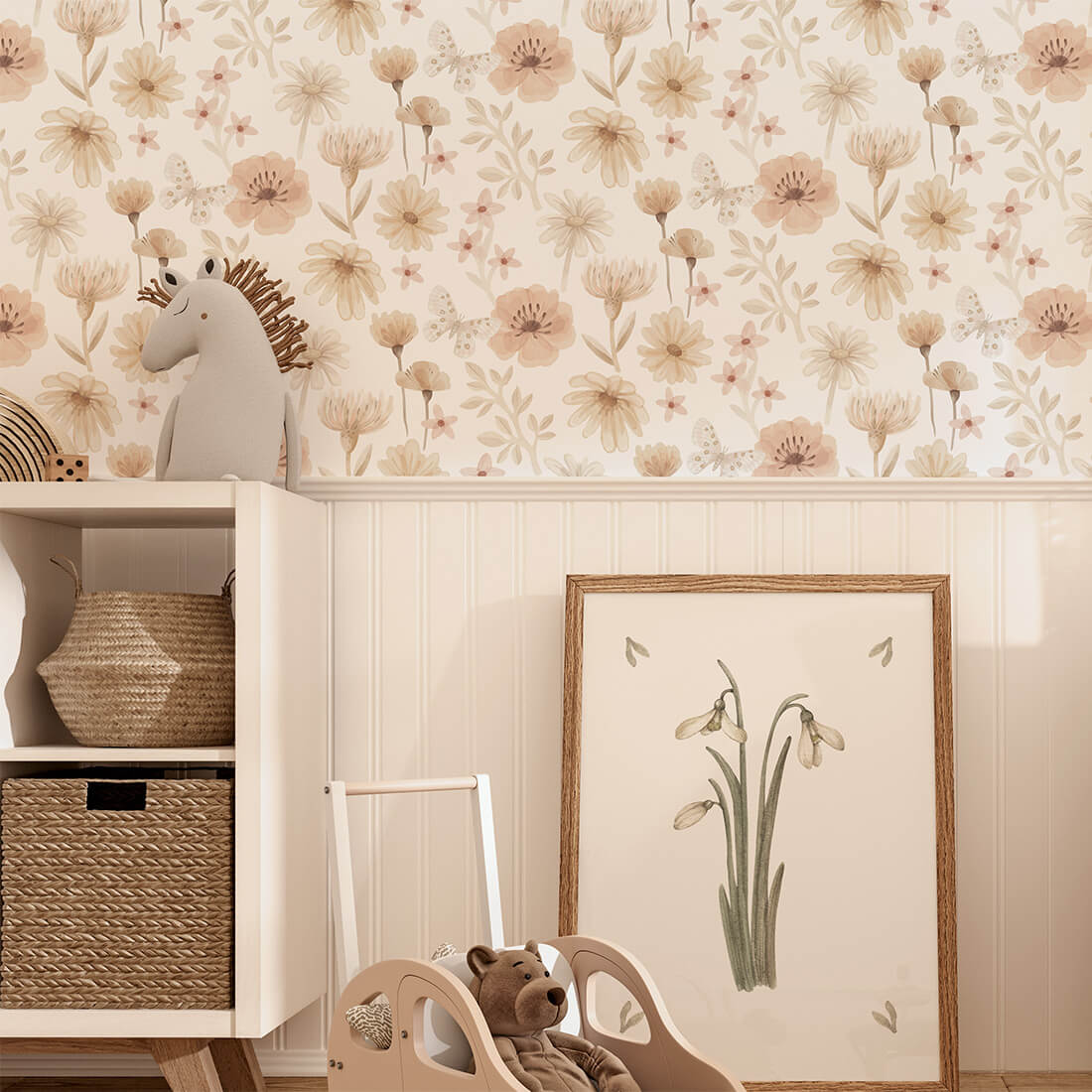 Pastelowe Love Flowers Meadow bloemenbehang voor meisjeskamer  en babykamer wit roze groen 