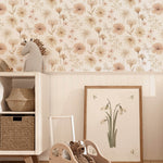 Pastelowe Love Flowers Meadow bloemenbehang voor meisjeskamer  en babykamer wit roze groen 
