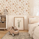 Pastelowe Love Flowers Meadow bloemenbehang voor meisjeskamer  en babykamer wit roze groen 