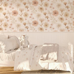 Pastelowe Love Flowers Meadow bloemenbehang voor meisjeskamer  en babykamer wit roze groen 