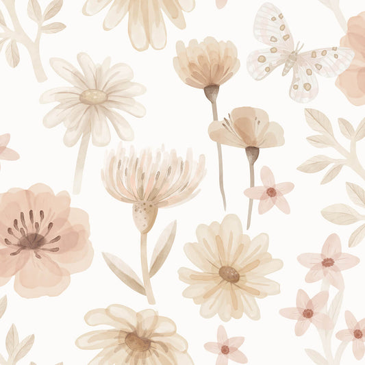 Pastelowe Love Flowers Meadow bloemenbehang voor meisjeskamer wit roze groen 