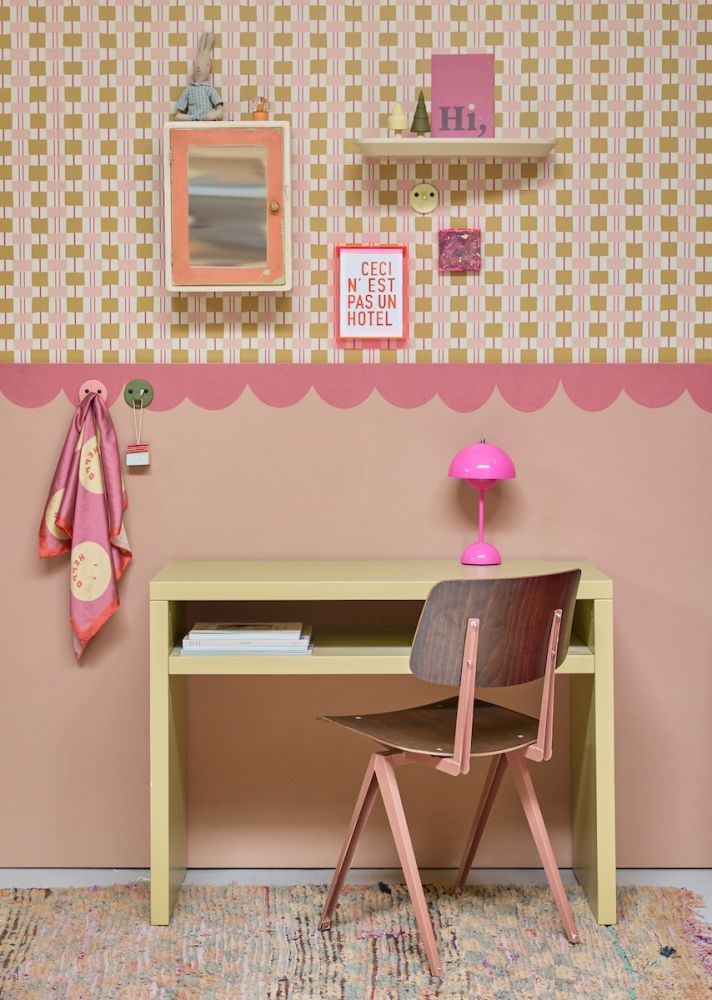 Bibelotte Geruit behang Toffee meisjeskamer tienerkamer geblokt behang beige roze