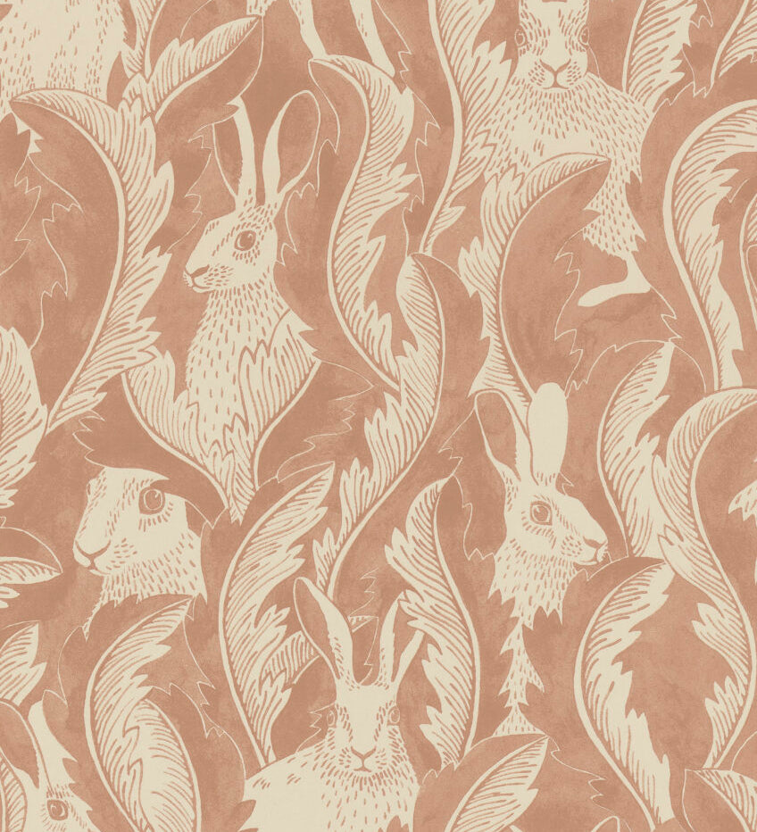Langelid von Bromssen Hares in hiding hazen bosdieren behang roze voor de kinderkamer