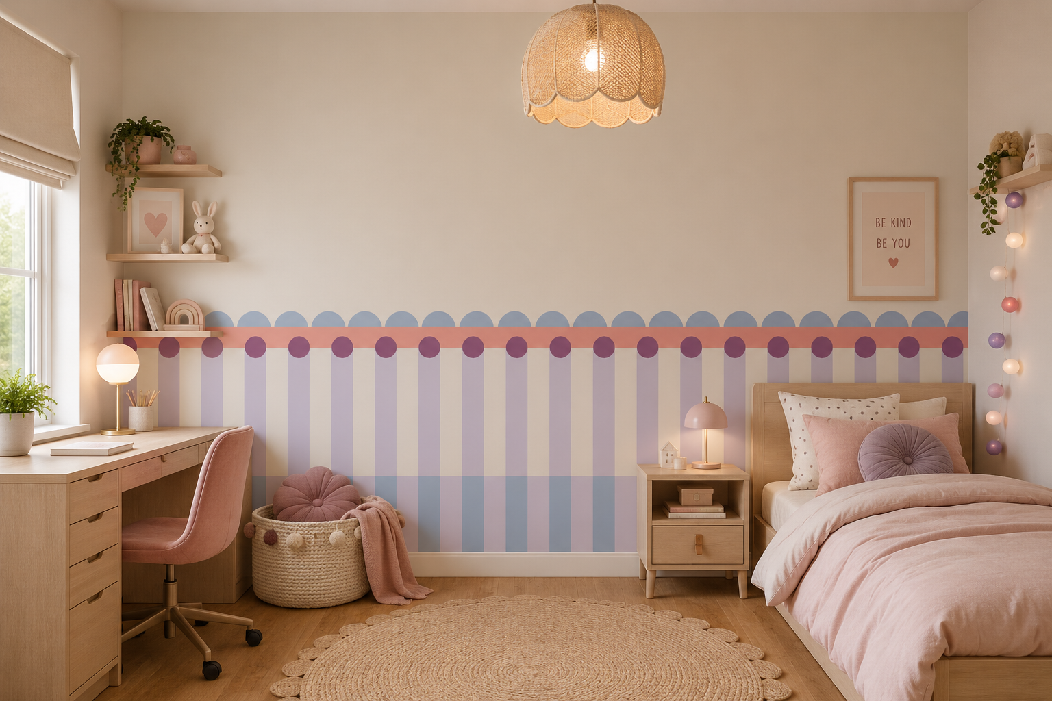 Fotobehang kinderkamer lambrisering meisjeskamer lila roze lichtblauw papr walls meet me halfway