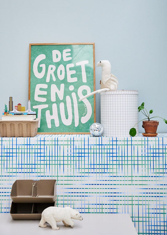 Bibelotte grid behang voor de kinderkamer en tienerkamer jongens blauw groen