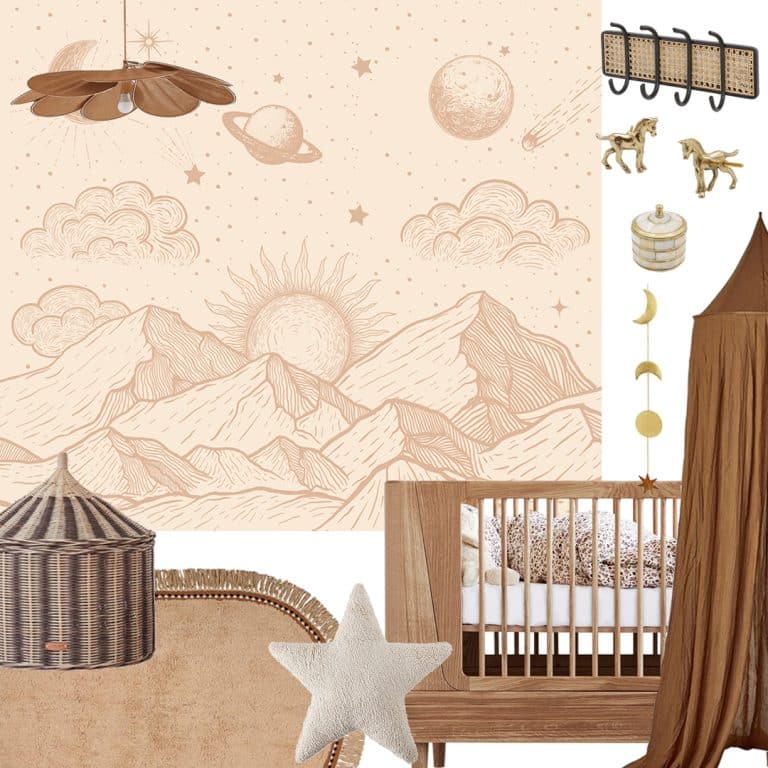 May en Fay fotobehang babykamer neutrale kinderkamer bergen zon sterren beige cosmic hills 