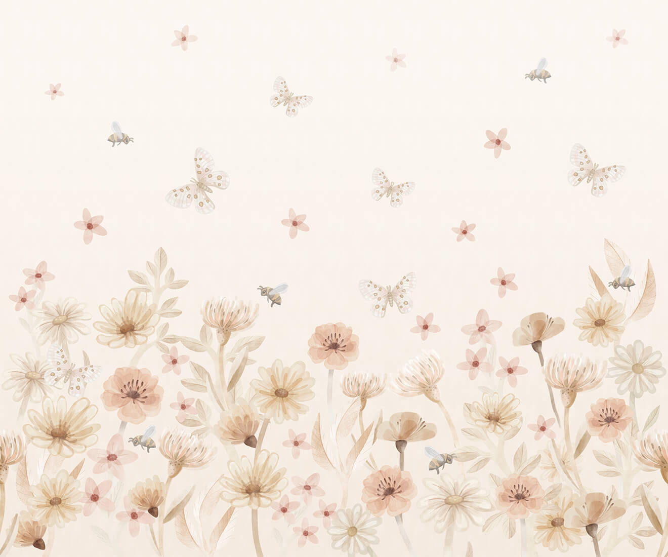 Pastelowe Love bloemenbehang mural voor de kinderkamer meisjeskamer babykamer roze 

