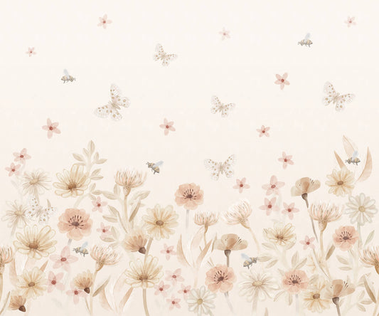 Pastelowe Love bloemenbehang mural voor de kinderkamer meisjeskamer babykamer roze 

