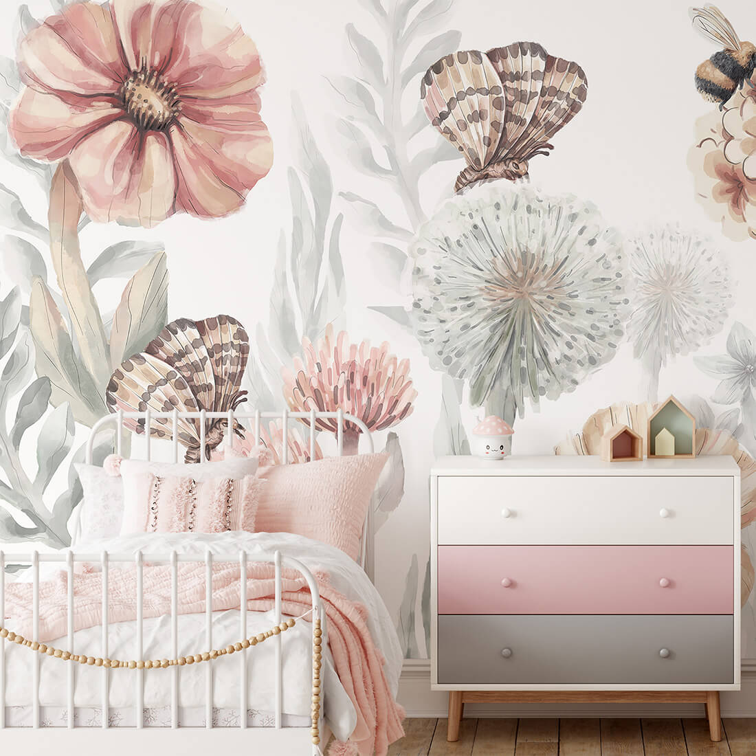 Pastelowe Love bloemenbehang wildflowers mural voor de kinderkamer meisjeskamer babykamer roze 