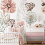 Pastelowe Love bloemenbehang wildflowers mural voor de kinderkamer meisjeskamer babykamer roze 