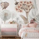 Pastelowe Love bloemenbehang wildflowers mural voor de kinderkamer meisjeskamer babykamer roze 