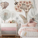 Pastelowe Love bloemenbehang wildflowers mural voor de kinderkamer meisjeskamer babykamer roze 
